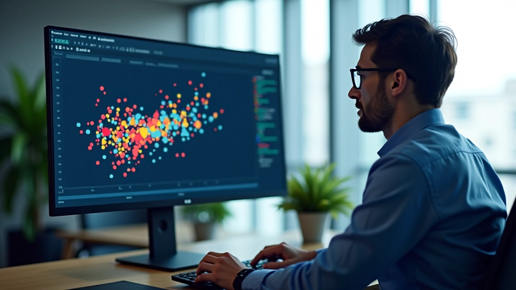 Data scientist analyzing k-means clustering results on multiple displays with fund categorization data