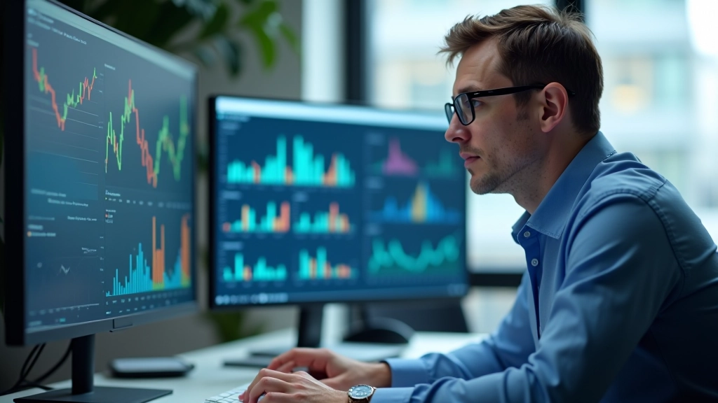 Financial analyst examining fund performance anomalies on dual-monitor workstation with clustering results displayed