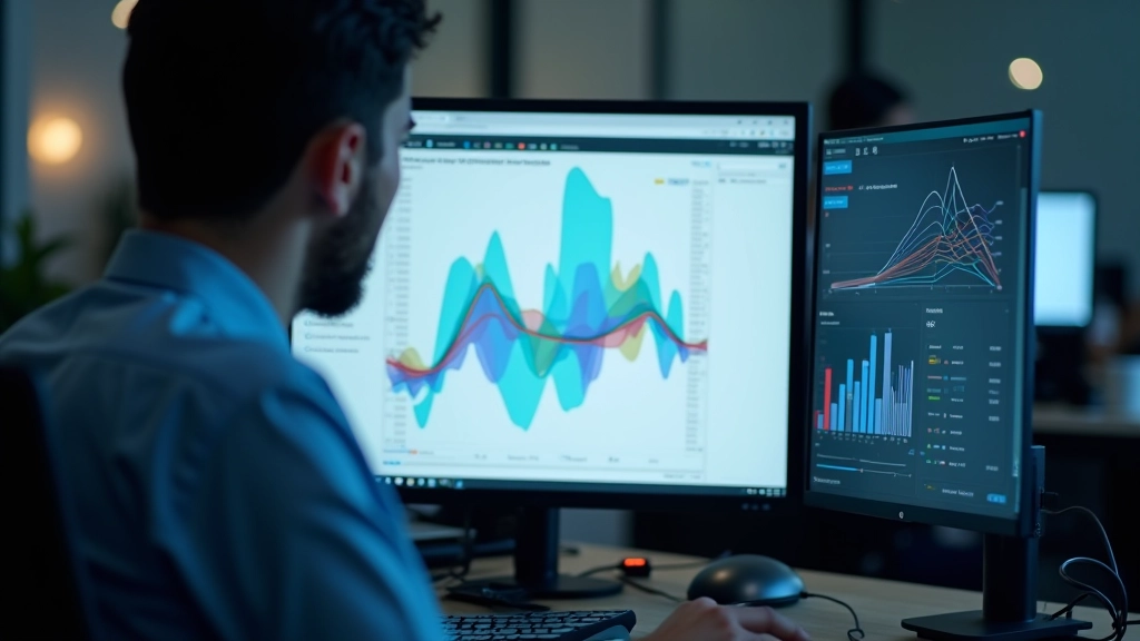 Statistician analyzing Gaussian mixture model probability distributions and probabilistic segmentation on multiple monitors